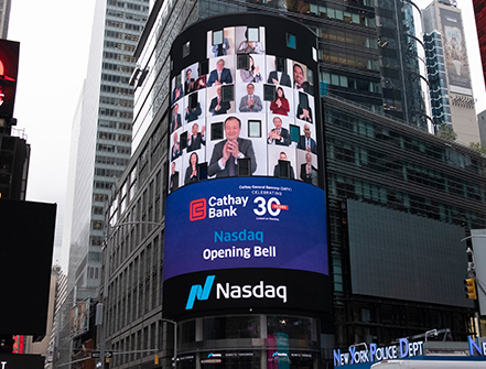 Cathay Bank team celebrating Cathay General Bancorp’s 30th anniversary on Nasdaq at Nasdaq’s virtual bell ringing ceremony. 