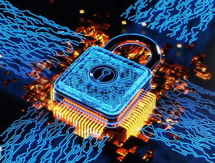 Un diseño gráfico muestra un candado azul sobre un fondo oscuro con brasas naranjas y amarillas que lo rodean para enfatizar la importancia de la ciberseguridad.