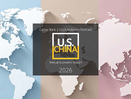 A 2026 US-China UCLA Anderson Forecast logo floats over a world map with an overlay of blue and peach pink colors.