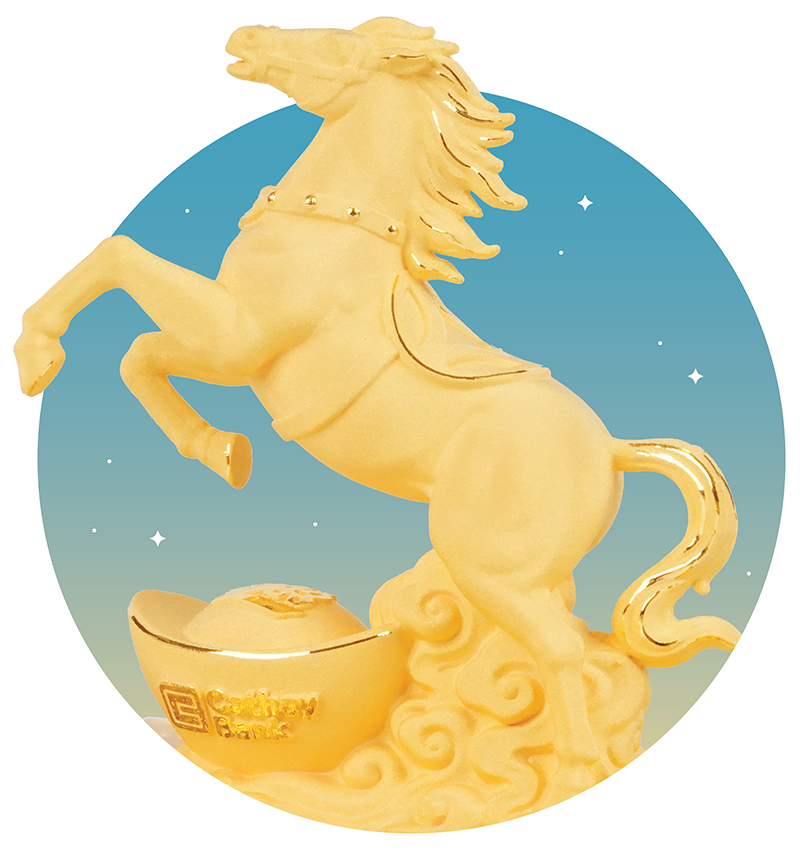 A golden horse figurine rearing on its hind legs atop swirling cloud-like shapes, positioned beside a gold ingot featuring the Cathay Bank logo, all displayed against a light blue circular background.