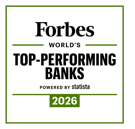 Forbes World's Top-Performing Banks 2026 badge featuring a black background with green accents and the text stating Forbes 2026 World's Top-Performing Banks, Powered by Statista.