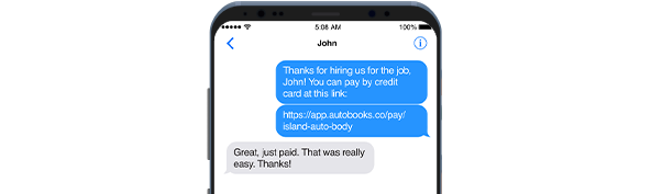 截屏：Autobooks用戶與其商業客戶之間的短信，客戶回复Autobooks用戶，表示通過信用卡在線支付是多麼簡便。 