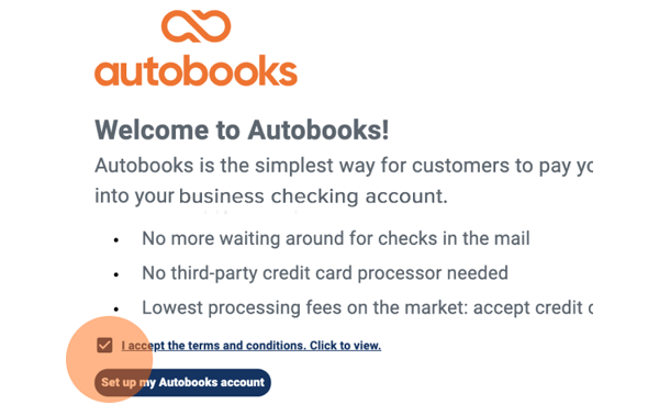 A screenshot of the Autobooks interface, showing the “Welcome to Autobooks” page. 