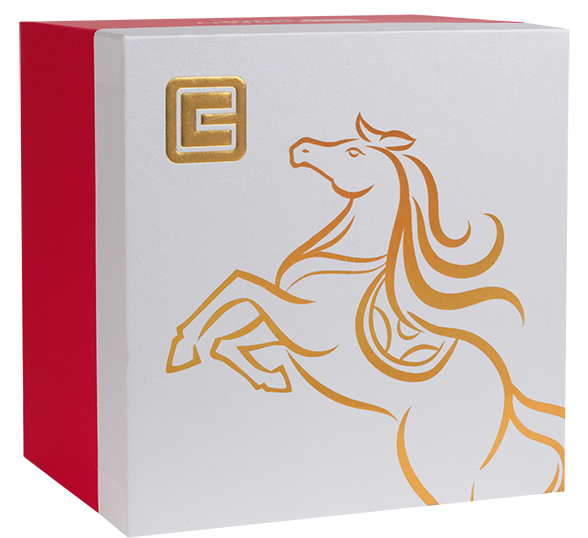 A square gift box with white front panels and red sides, featuring a gold outline illustration of a rearing horse and a gold Cathay Bank emblem on the front.