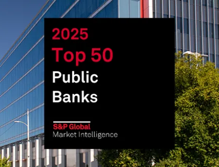 Graphic with black background displaying red and white text that reads: 2025 Top 50 Public Banks’ and ‘S&P Global Market Intelligence.