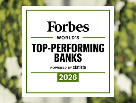 Forbes World's Top-Performing Banks 2026 badge featuring a black background with green accents and the text stating Forbes 2026 World's Top-Performing Banks, Powered by Statista.