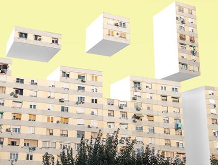 A digital creation illustrating urban building blocks stacking over a real estate building like a video game to showcase real estate banking.