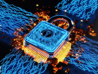 A graphic design depicts a blue padlock over a dark background with orange and yellow embers surrounding it to emphasize the importance of cybersecurity.