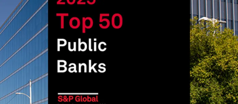 Graphic with black background displaying red and white text that reads: 2025 Top 50 Public Banks’ and ‘S&P Global Market Intelligence.