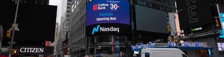 Cathay Bank team celebrating Cathay General Bancorp’s 30th anniversary on Nasdaq at Nasdaq’s virtual bell ringing ceremony. 