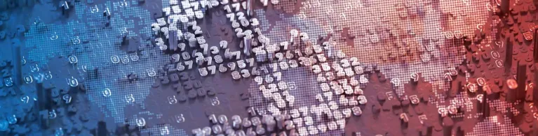 A world map is depicted as a 3D puzzle comprising different numbers with blue, purple, and pink-orange hues throughout.