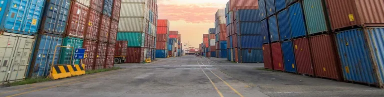 A US-China UCLA Anderson Forecast logo floats over a background image of a pink lit sky over shipping containers off a U.S. port.