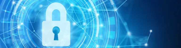 Security padlock and circle in network space.