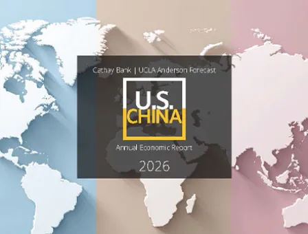 A 2026 US-China UCLA Anderson Forecast logo floats over a world map with an overlay of blue and peach pink colors.