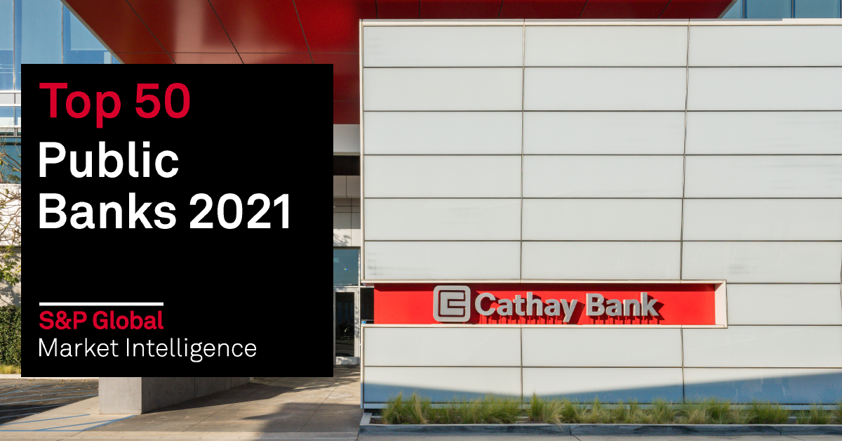 The front entrance of Cathay Bank headquarters in El Monte, California is shown with a Top 50 Public Banks by S&P Global Market logo