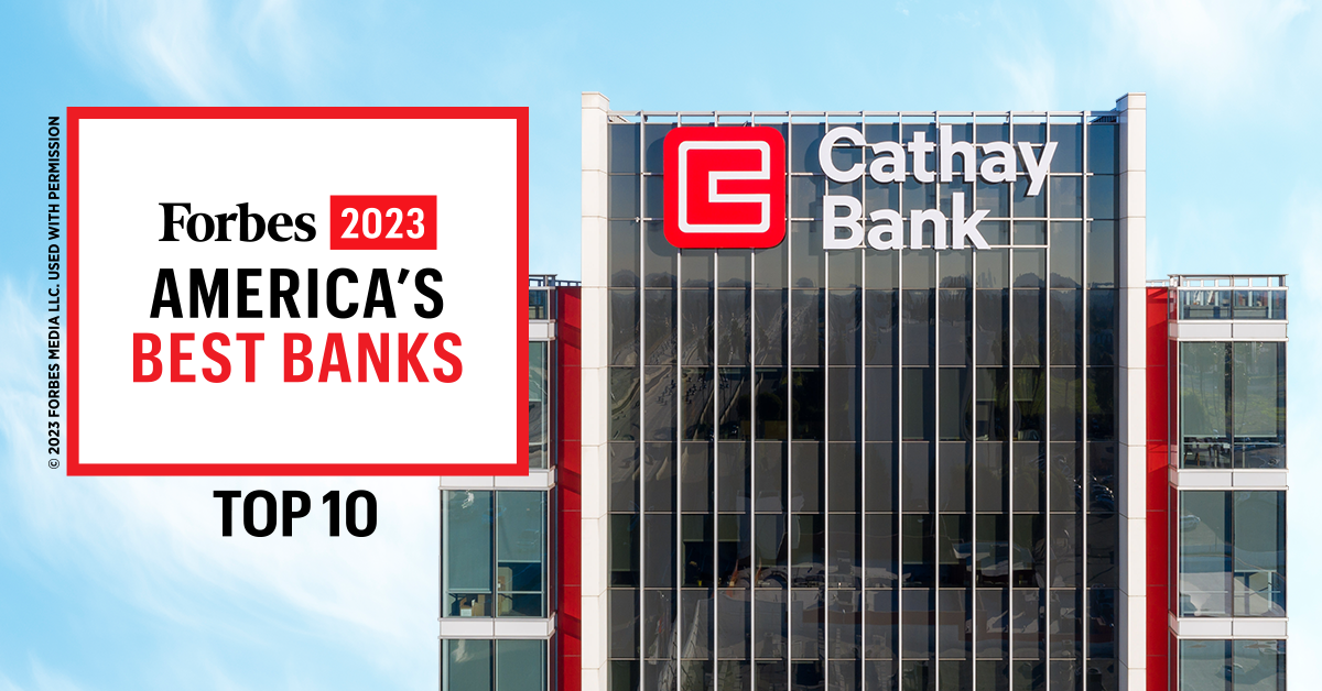Cathay Bank’s Flair Building in El Monte, California with a Forbes logo.