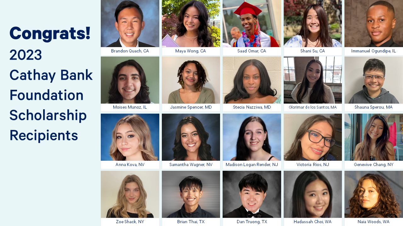 Twenty high school students are grouped into a collage, announcing them as the scholarship winners for Cathay Bank’s Foundation’s Scholarship Program