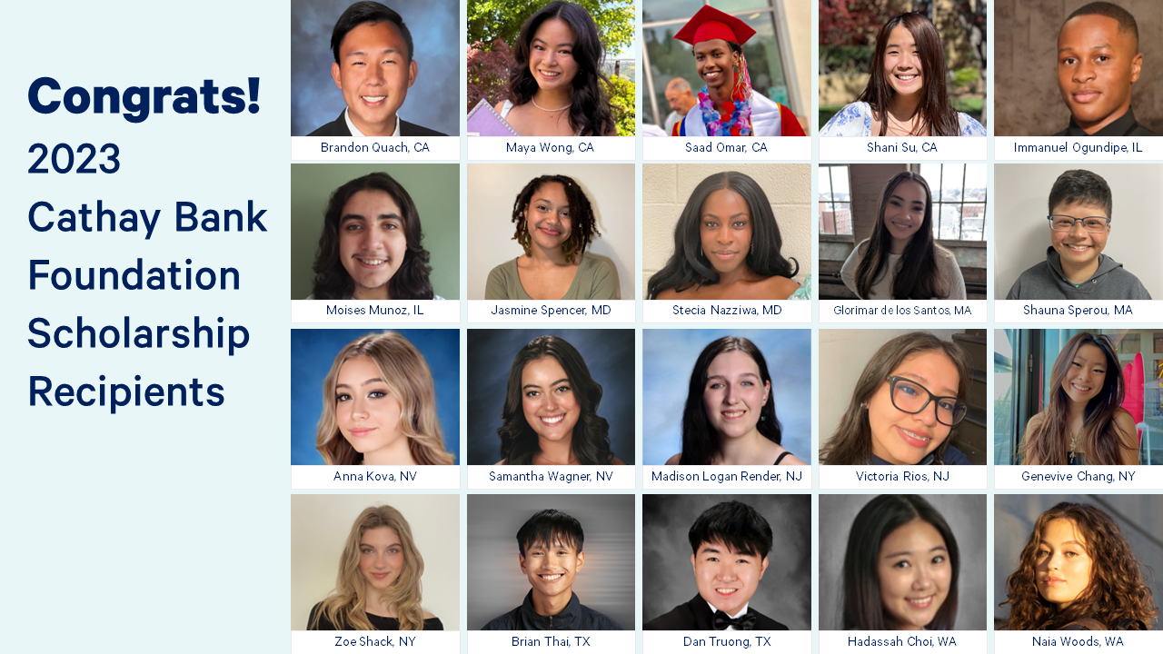 Veinte estudiantes de secundaria se agrupan en un collage, anunciándolos como los ganadores de becas para el Programa de Becas de la Fundación de Cathay Bank.