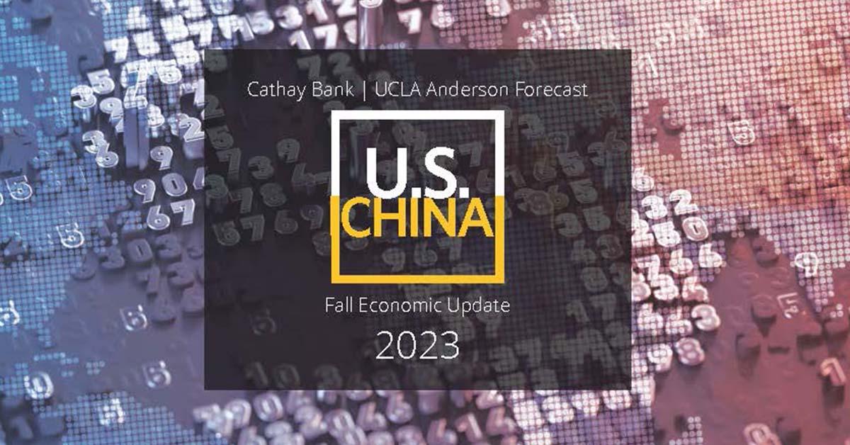 国泰银行与加州大学洛杉矶分校安德森预测中心的美中经济报告的标识在具有数字设计的世界地图图像上。
