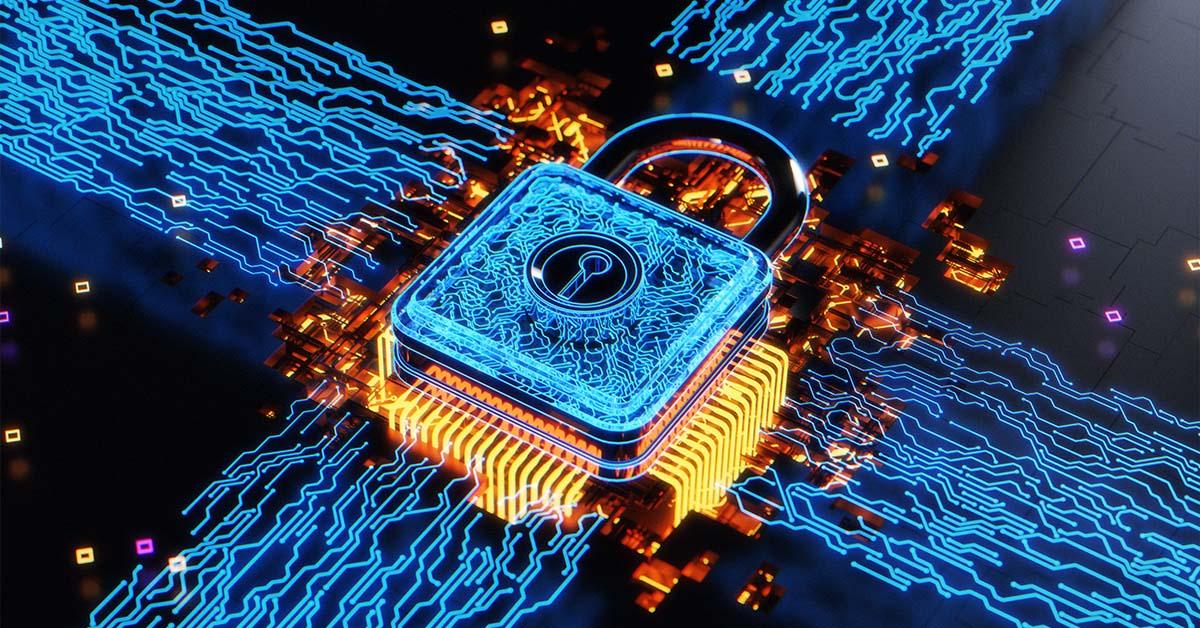 Un diseño gráfico muestra un candado azul sobre un fondo oscuro con brasas naranjas y amarillas que lo rodean para enfatizar la importancia de la ciberseguridad.