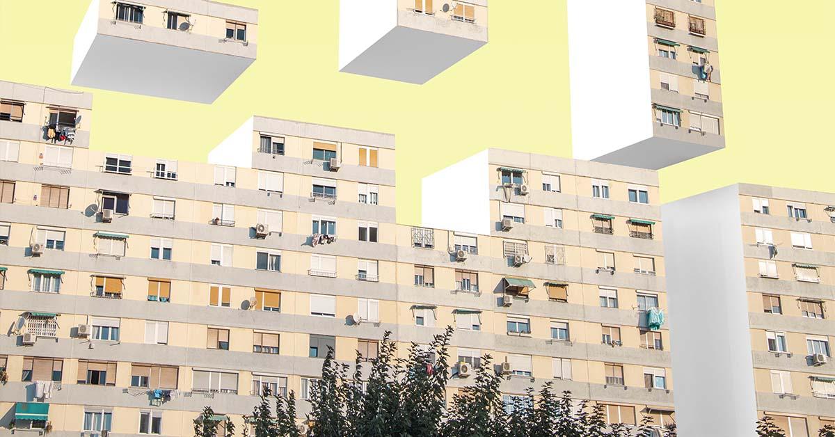 A digital creation illustrating urban building blocks stacking over a real estate building like a video game to showcase real estate banking.