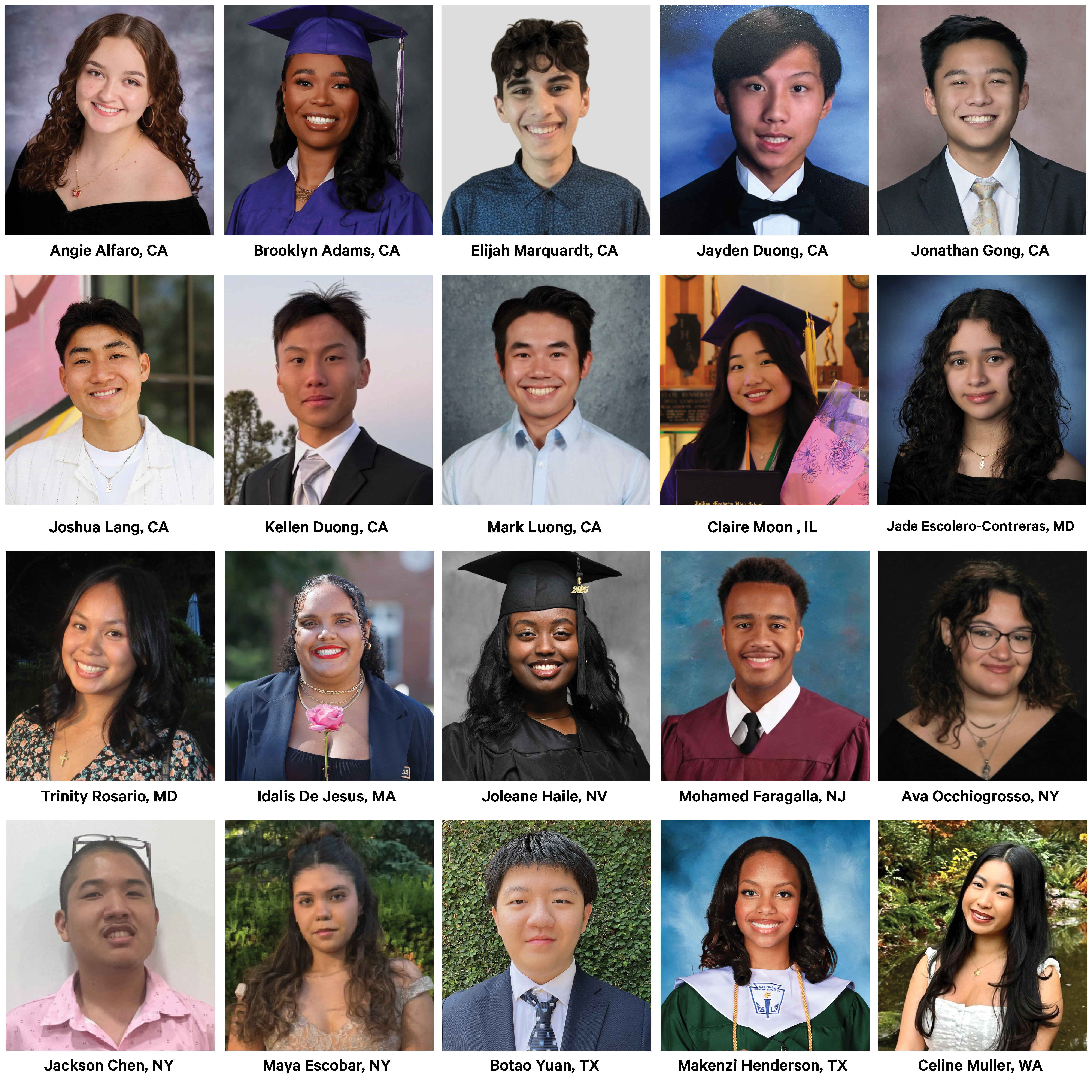 Mosaico fotográfico con 20 estudiantes de secundaria, anunciados como ganadores del programa de becas de la Fundación Cathay Bank.