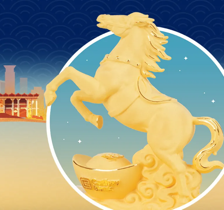 A festive illustration featuring a golden horse statue with a gold ingot, a small horse-shaped Cathay Bank money bank, and a backdrop of Chinatown-style architecture and flowers against a blue sky.