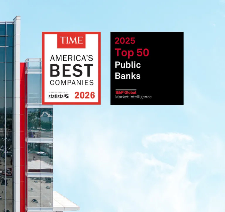 Cathay Bank headquarters building with the red Cathay Bank logo displayed on the upper facade against a blue sky. Two award badges appear beside the building: TIME America’s Best Companies 2026 and S&P Global Market Intelligence 2025 Top 50 Public Banks.