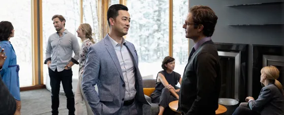 Businessmen talking, networking at conference