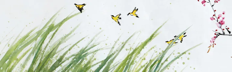 Artist Lin Dihuan depicting the scenery of spring with tree, grass and flowers blowing in the wind, as well as flying birds and a pavilion by a lake. 