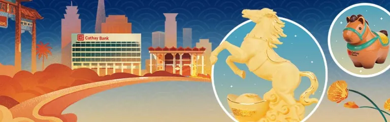 Lunar New Year banner showing a gold horse statue, a decorative horse figure, festive scenery, and an online banking login panel with the message “Celebrate the Year of the Horse.”