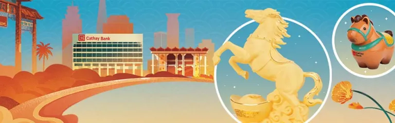 Lunar New Year banner showing a gold horse statue, a decorative horse figure, festive scenery, and an online banking login panel with the message “Celebrate the Year of the Horse.”